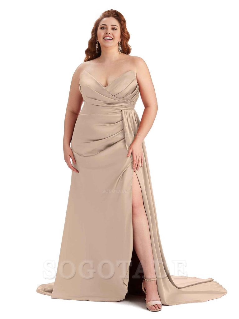Sexy V-neck Side Slit Sleeveless Mermaid Soft Satin Long Plus Size Bridesmaid Gowns