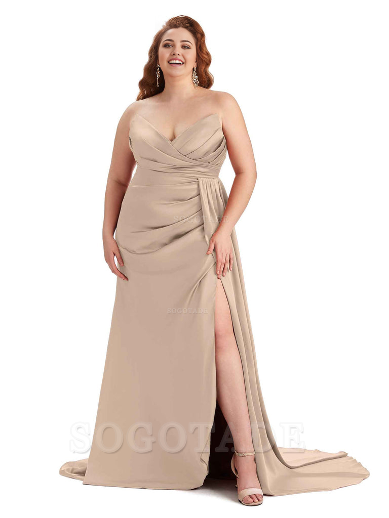 Sexy V-neck Side Slit Sleeveless Mermaid Soft Satin Long Plus Size Bridesmaid Gowns