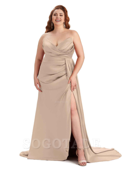 Sexy V-neck Side Slit Sleeveless Mermaid Soft Satin Long Plus Size Bridesmaid Gowns