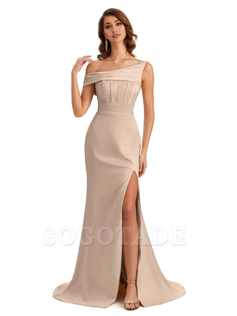 Elegant Asymmetrical Neck Soft Satin Side Slit Long Mermaid Bridesmaid Dresses