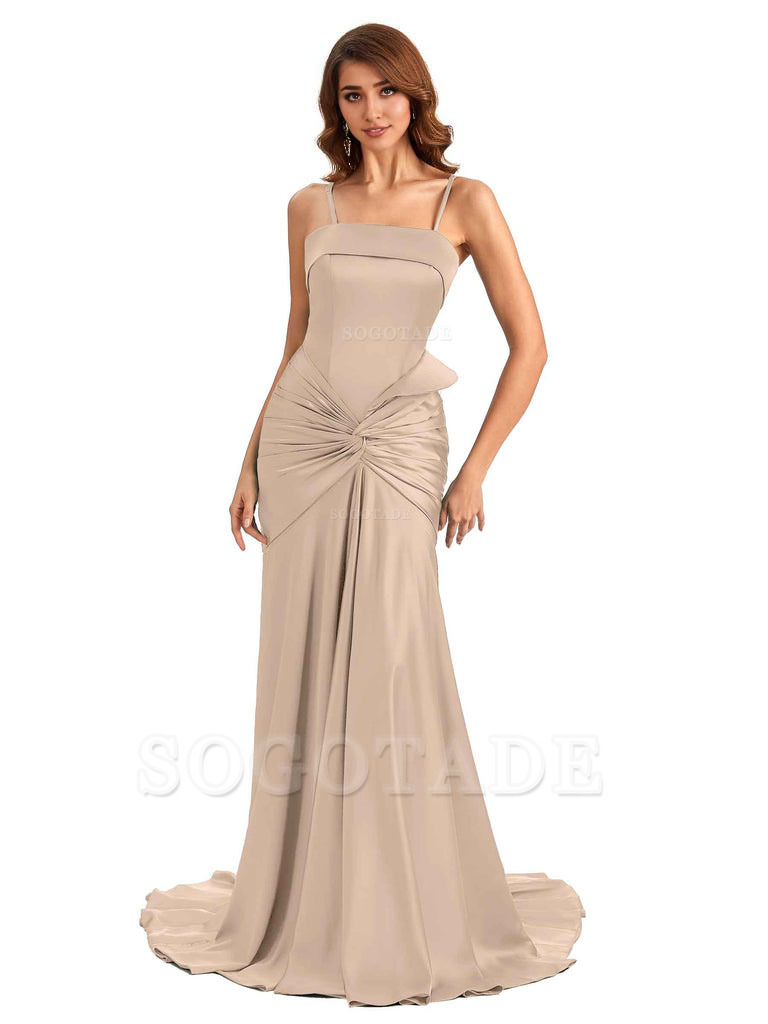 Sexy Mermaid Spaghetti Straps Silky Satin Unique Long Bridesmaid Dress For Wedding