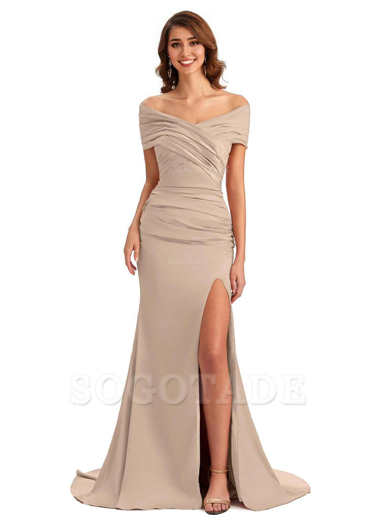Sexy Off The Shoulder Side Slit Mermaid Satin Unique Long Formal Wedding Guest Dresses