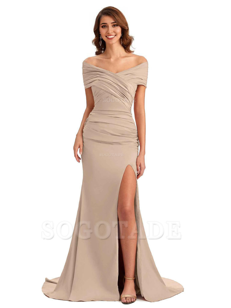 Sexy Off The Shoulder Side Slit Mermaid Satin Unique Long Formal Wedding Guest Dresses