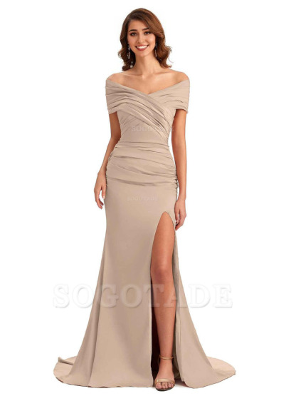 Sexy Off The Shoulder Side Slit Mermaid Satin Unique Long Formal Wedding Guest Dresses