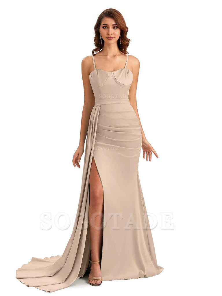 Sexy Spaghetti Straps Side Slit Mermaid Unique Long Bridesmaid Dresses In Satin