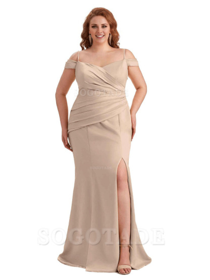 Elegant Cold Shoulder Side Slit Mermaid Soft Satin Long Plus Size Bridesmaid Gowns