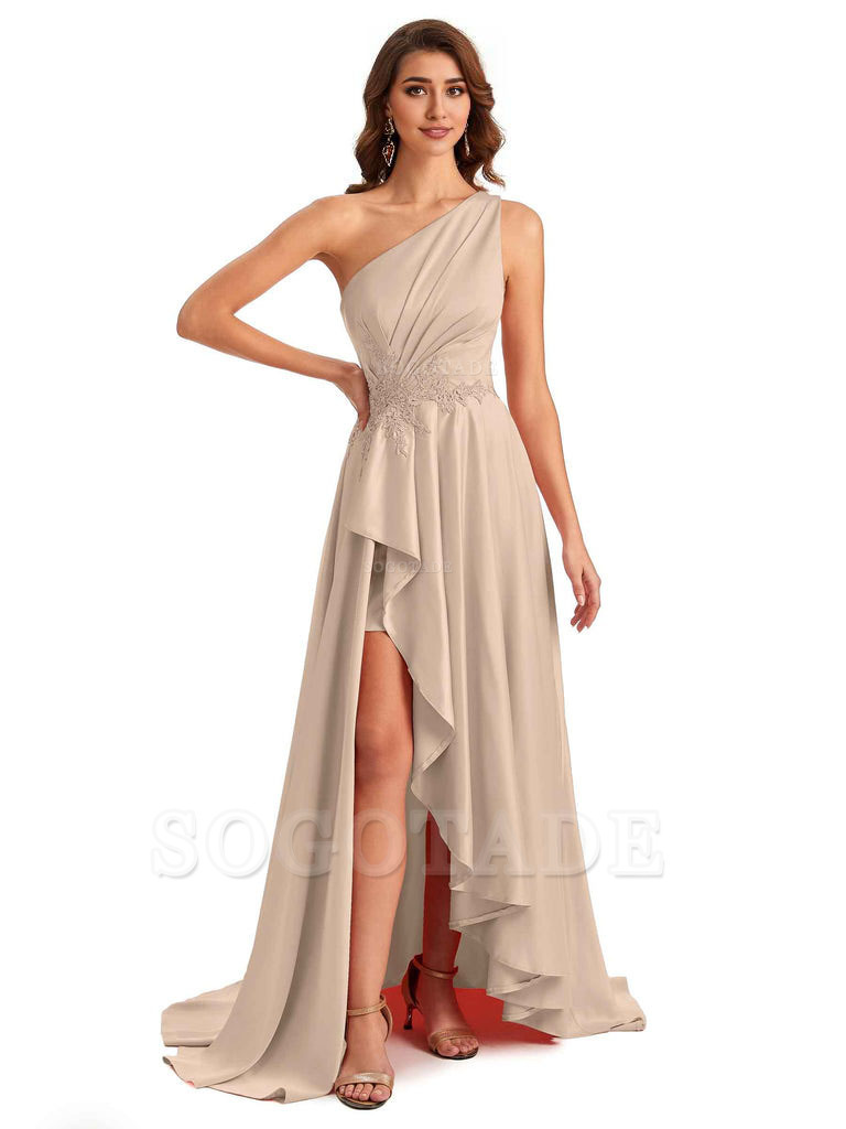 Sexy One Shoulder A-Line High Low Silky Satin Lace Long Formal Wedding Guest Dresses