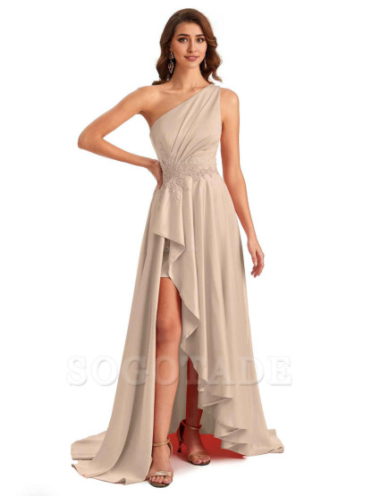Sexy One Shoulder A-Line High Low Silky Satin Lace Long Formal Wedding Guest Dresses