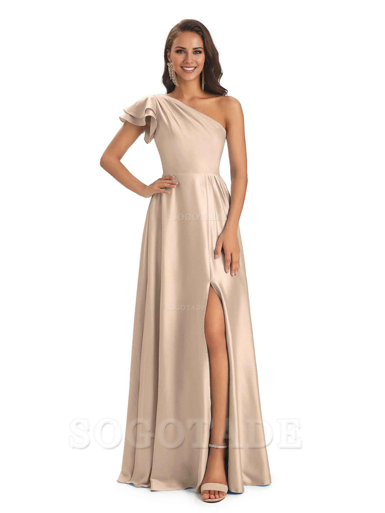 A-Line One Shoulder Ladies Long Bridesmaid Dresses Soft Satin Side Slit Elegant Evening Party Dress