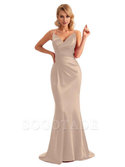  Sexy Backless Mermaid Spaghetti Straps Unique Long Formal Satin Dress For Women