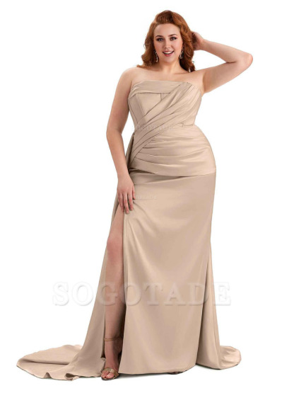 Sexy Side Slit Mermaid Soft Satin Formal Wedding Plus Size Bridesmaid Dresses