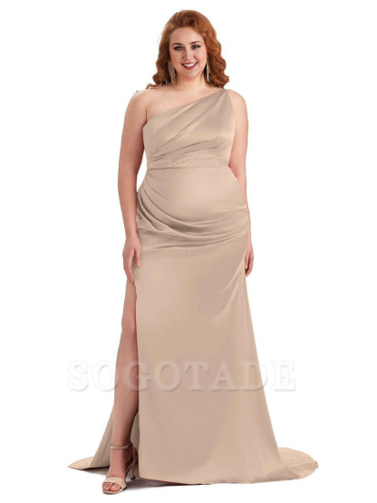 Sexy One Shoulder Side Slit Mermaid Soft Satin Long Plus Size Bridesmaid Dress For Wedding