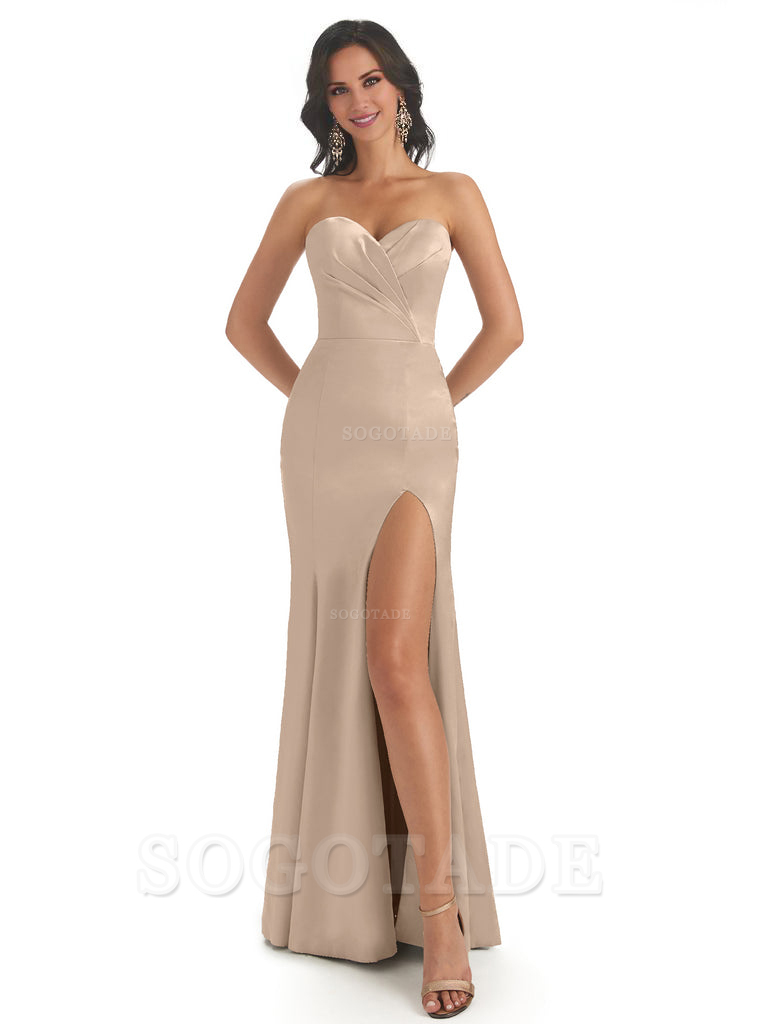 Simple Soft Satin Side Slit Sweetheart Long Mermaid Bridesmaid Dresses Elegant Evening Party Dress