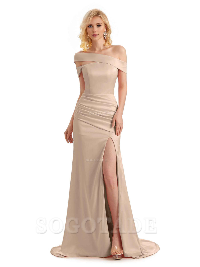 Elegant Asymmetrical Unique Soft Satin Side Slit Long Mermaid Bridesmaid Dresses Charming Evening Party Dress