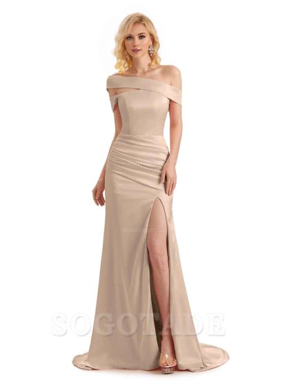 Elegant Asymmetrical Unique Soft Satin Side Slit Long Mermaid Bridesmaid Dresses Charming Evening Party Dress