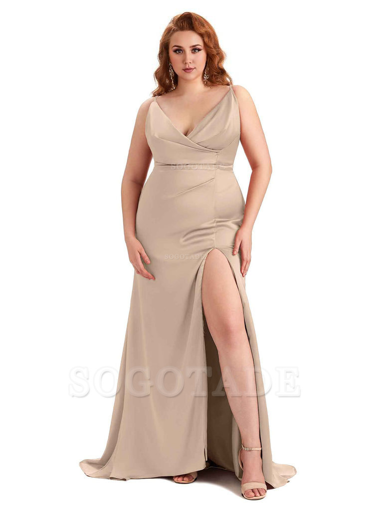 Sexy Side Slit Spaghetti Straps Mermaid Soft Satin Fashion Bridesmaid Dresses