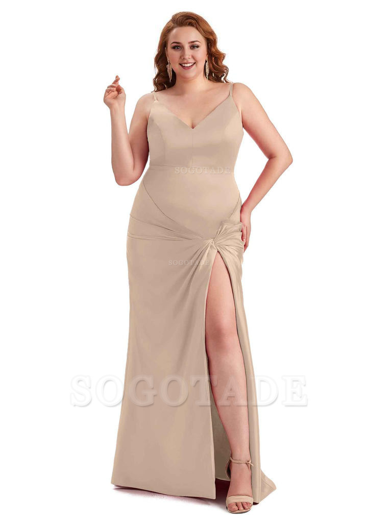 Sexy Spaghetti Straps V-neck Side Slit Mermaid Soft Satin Long Plus Size Bridesmaid Dress