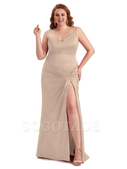 Sexy Spaghetti Straps V-neck Side Slit Mermaid Soft Satin Long Plus Size Bridesmaid Dress