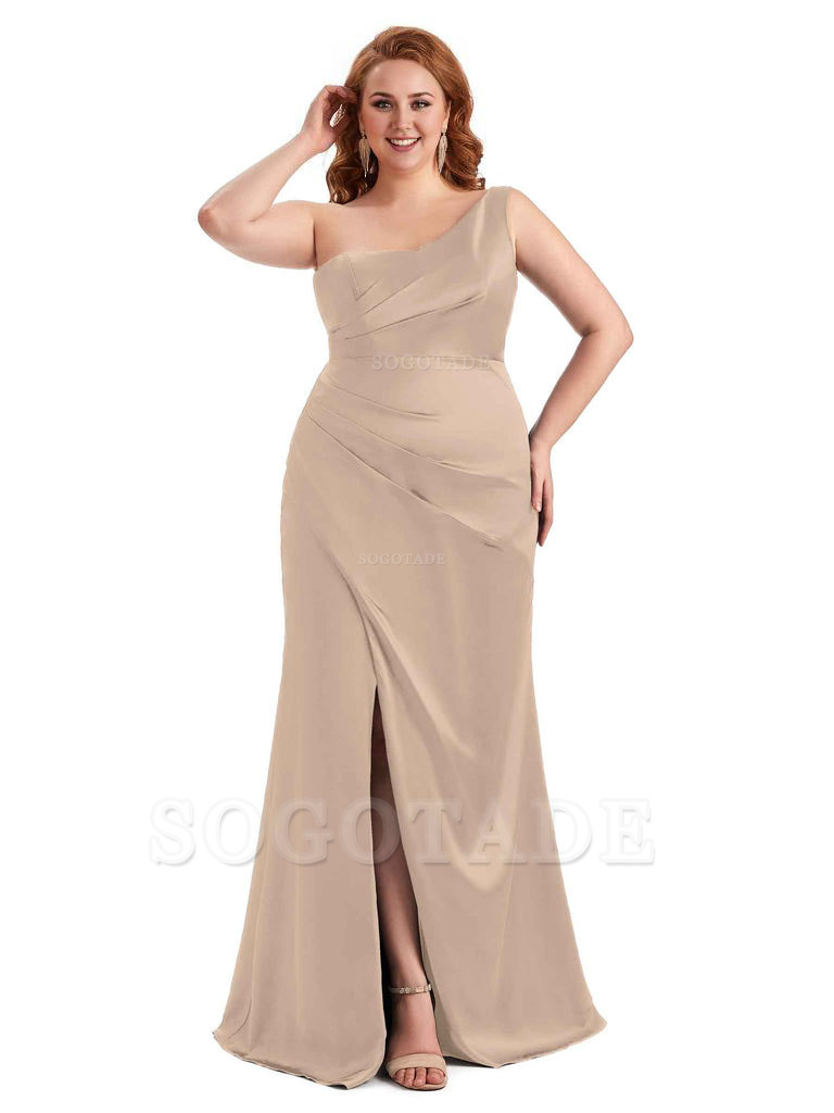 Sexy Side Slit One Shoulder Mermaid Long Plus Size Satin Maxi Dresses