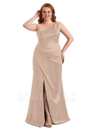 Sexy Side Slit One Shoulder Mermaid Long Plus Size Satin Maxi Dresses