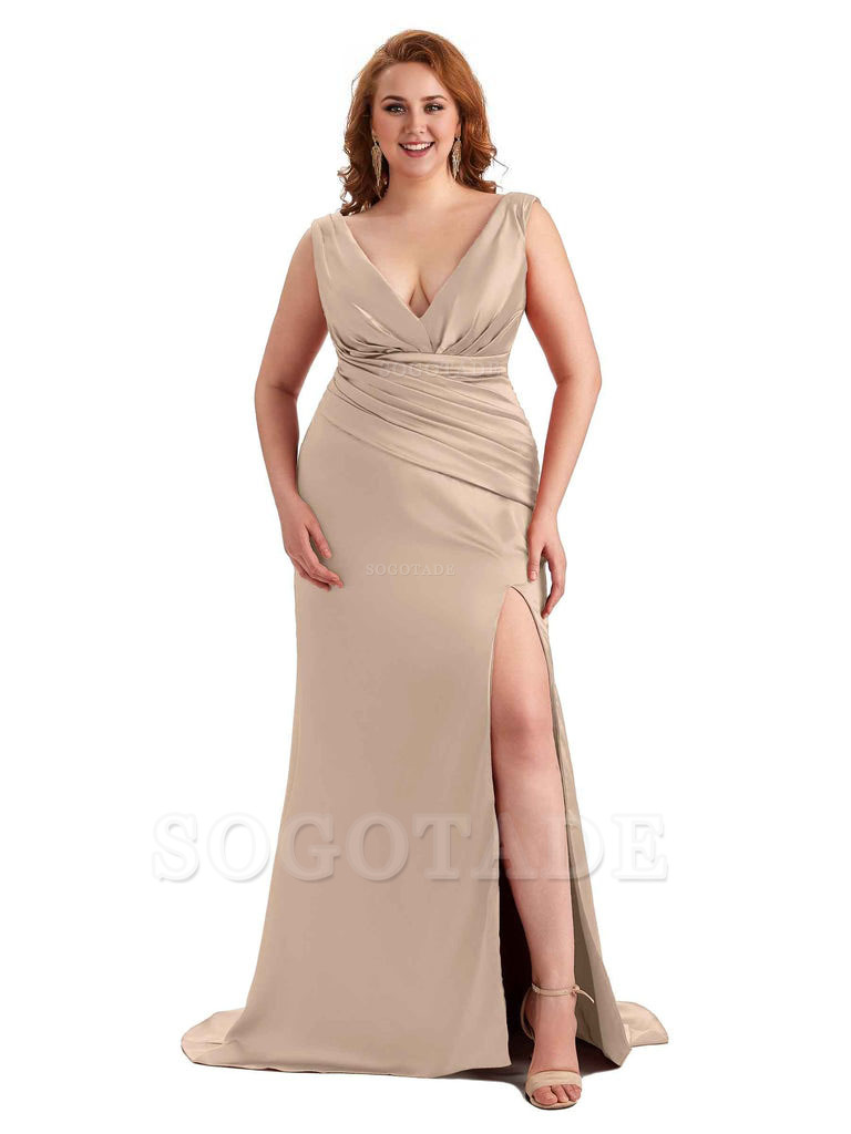 Elegant V-neck Side Slit Mermaid Soft Satin Long Plus Size Bridesmaid Dress For Wedding
