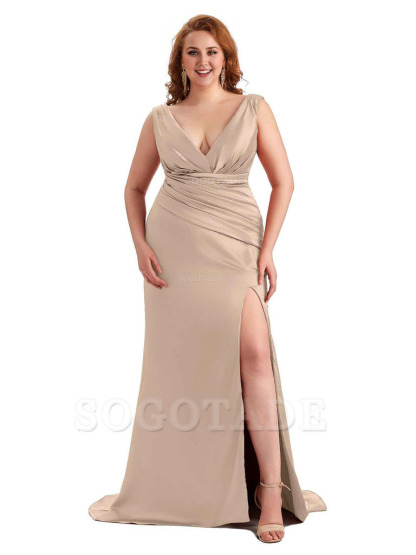 Elegant V-neck Side Slit Mermaid Soft Satin Long Plus Size Bridesmaid Dress For Wedding