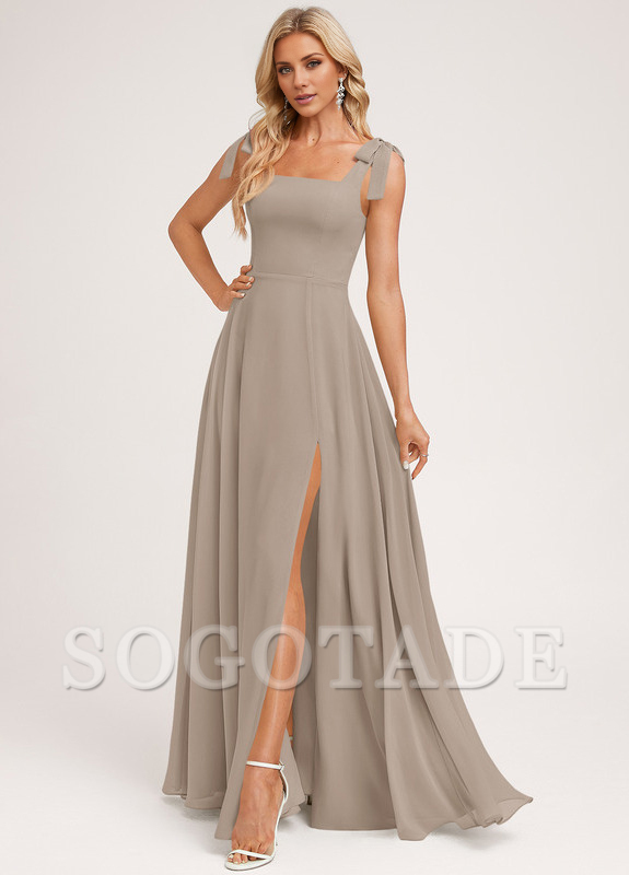 A-shaped square bow landing chiffon bridesmaid dress