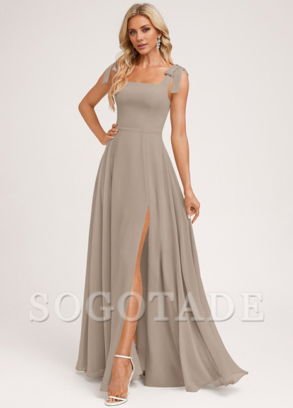 A-shaped square bow landing chiffon bridesmaid dress