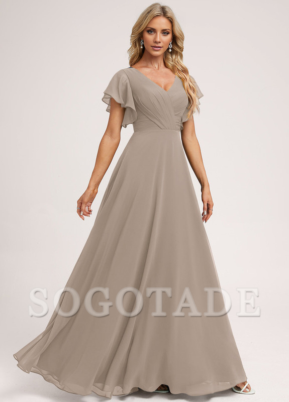 Ruffle A-line V-neck and floor chiffon bridesmaid dress
