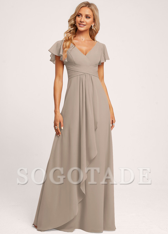 Ruffle A-line V-neck and floor chiffon bridesmaid dress