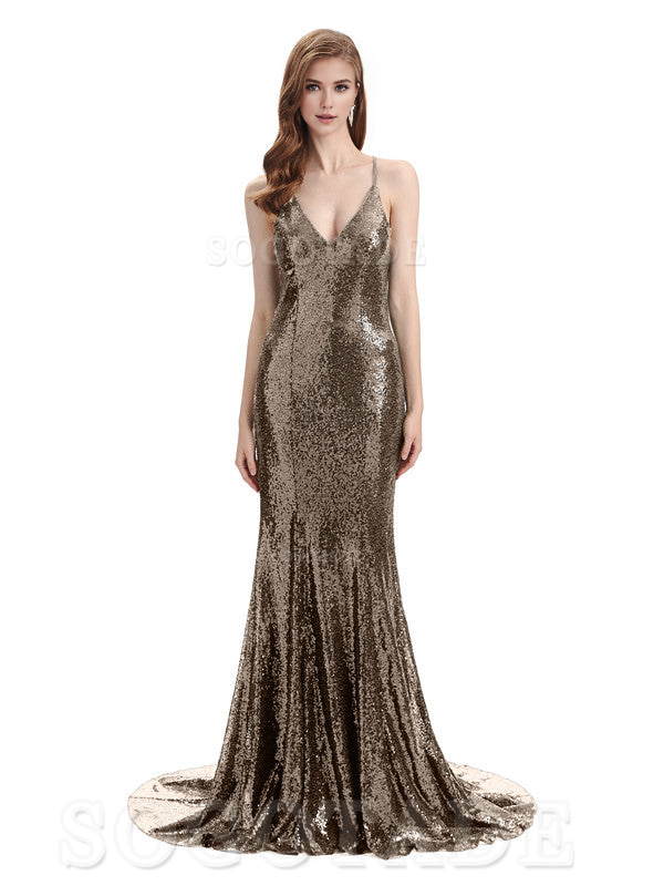 Deep V Neck Sexy Spaghetti Strap Backless Sequins Floor-Length Bridesmaid Dresses Bridesmaid Dresses Formal Women's Dresses Wedding Guest Dresses