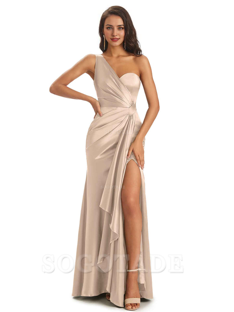 Elegant Soft Satin Side Slit One Shoulder Unique Mermaid Bridesmaid Dresses Online prom dresses shops