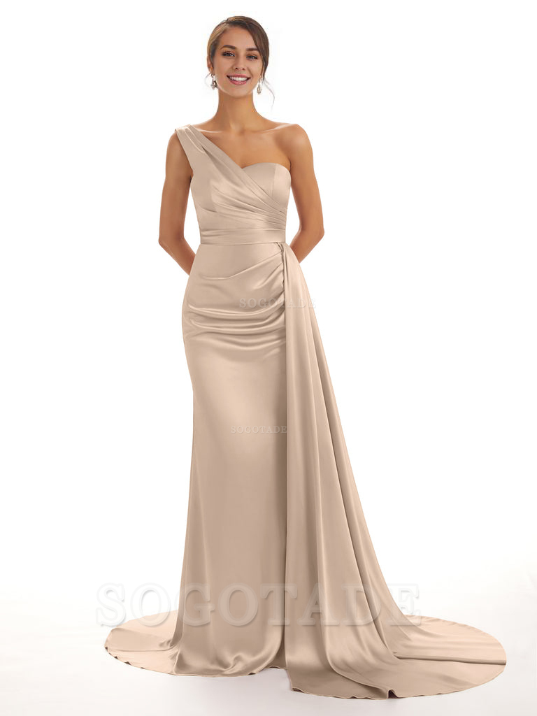 Elegant One Shoulder Soft Satin Unique Mermaid Long Bridesmaid Dresses Online prom dresses shops