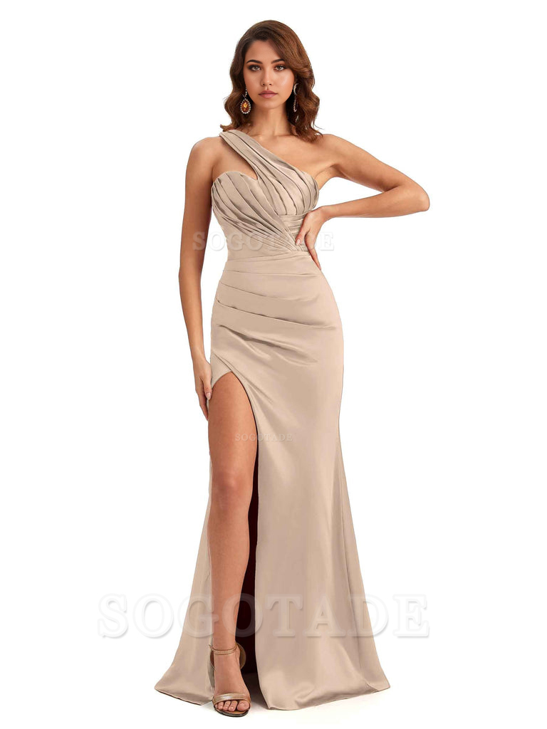 Sheath One shoulder Satin formal dresses evening gown Bridesmaid Dresses With Side Slit 