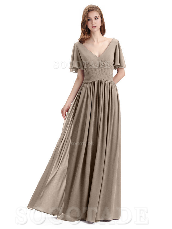 A-Line Chiffon Short Sleeves Elegant Floor-Length Bridesmaid Dresses Formal Women's Dresses Wedding Guests Dresses