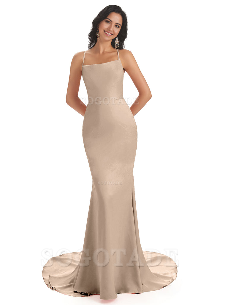 Mermaid Spaghetti Backless Straps Satin Long formal dresses evening gown Bridesmaid Dresses