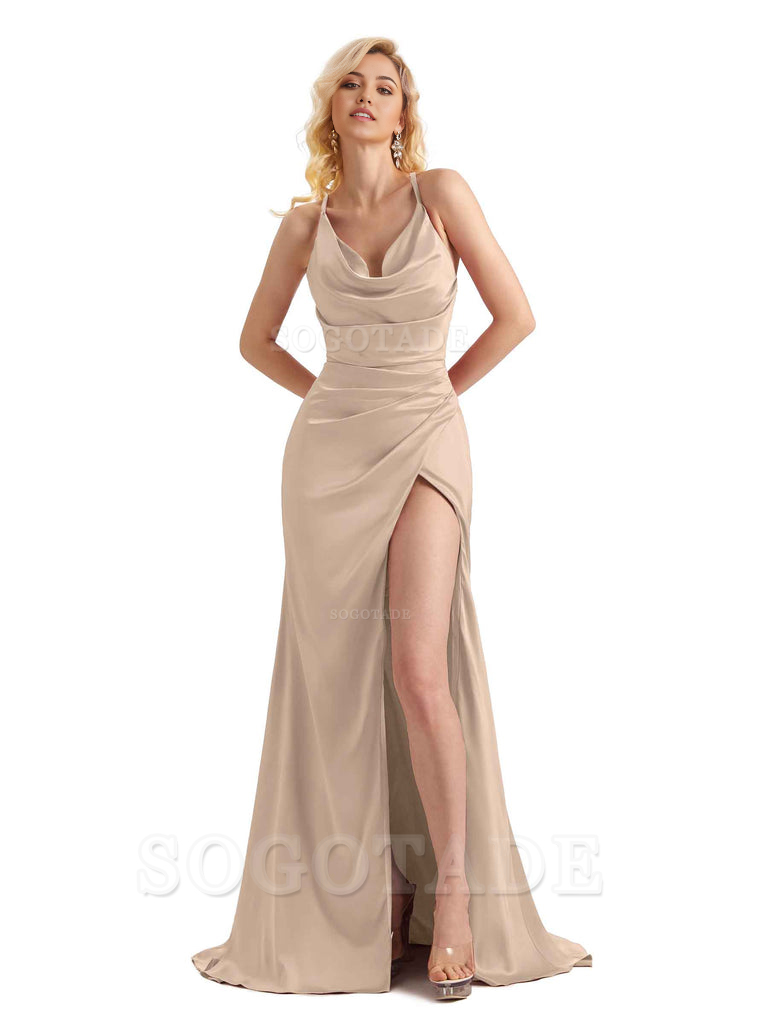 Sheath Cowl Neck Satin formal dresses evening gown Bridesmaid Dresses With Side Slit 