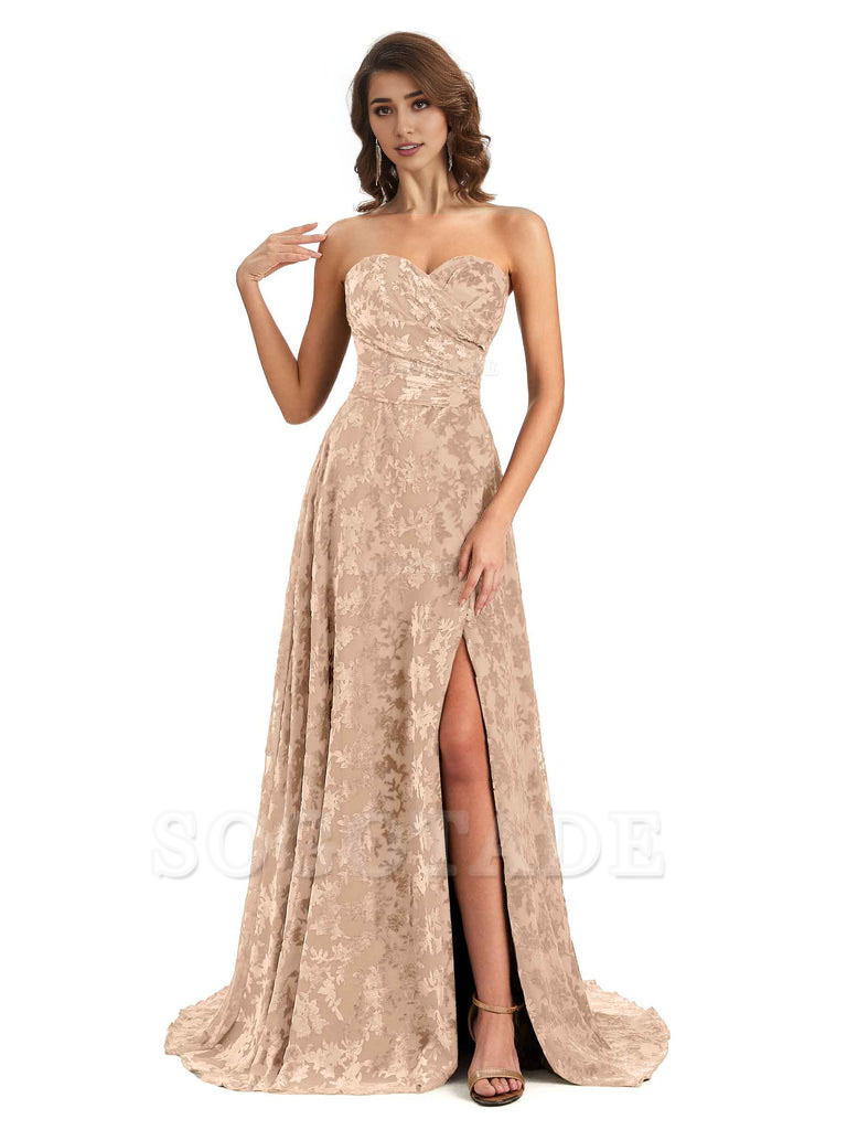 Sexy Side Slit Strapless Floral Velvet Sweetheart Long Bridesmaid Dresses