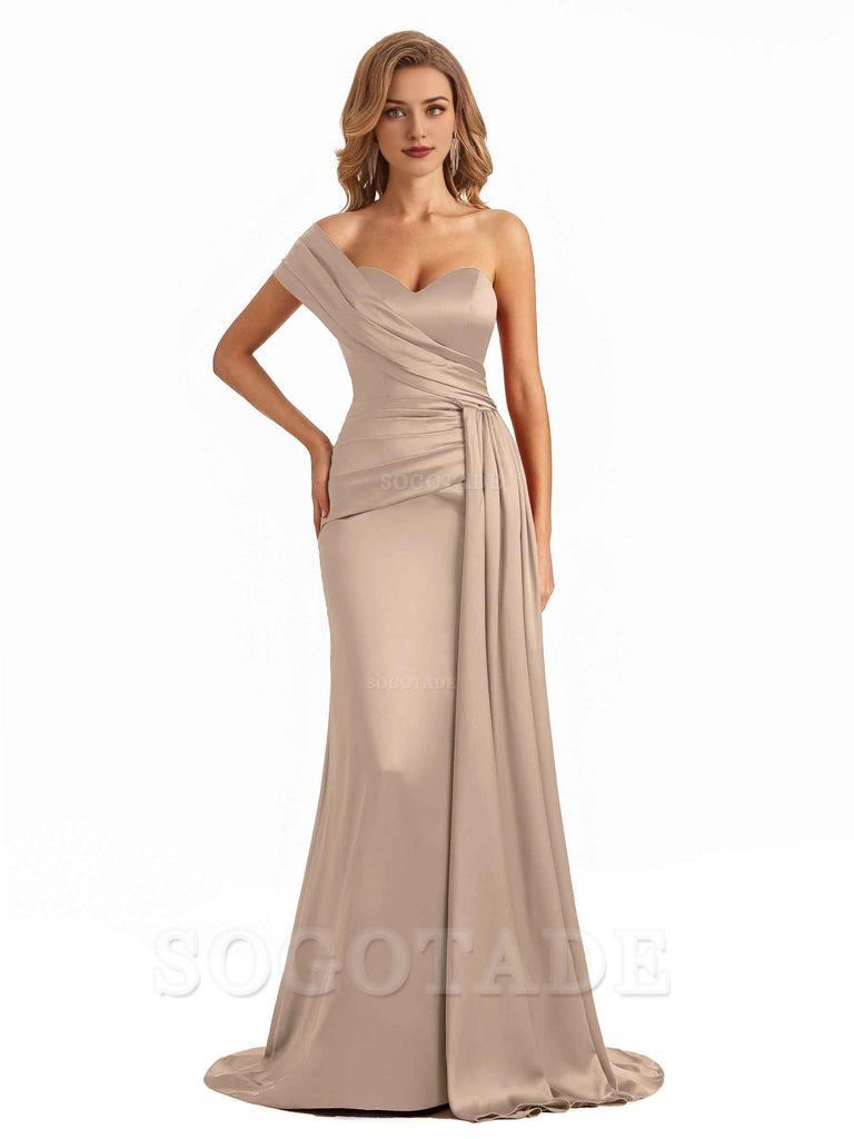 Elegant One Shoulder Soft Satin Long Mermaid Bridesmaid Dresses Online prom shop dresses ﻿