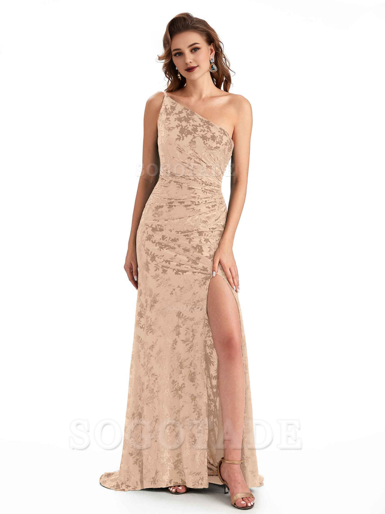 Charming Sexy One Shoulder Side Slit Mermaid Floral Velvet Long Exquisite Bridesmaid Dresses Formal Women's Dresses Wedding Guests Dresses