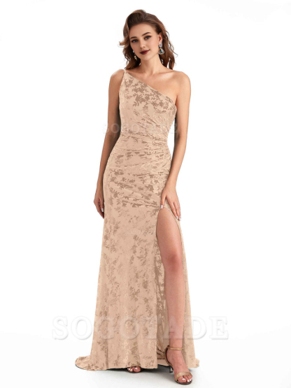 Charming Sexy One Shoulder Side Slit Mermaid Floral Velvet Long Exquisite Bridesmaid Dresses Formal Women's Dresses Wedding Guests Dresses