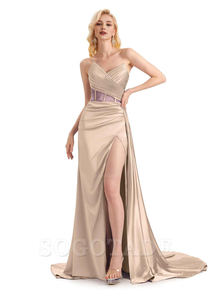 Sexy Soft Satin Side Slit See Through Floor-Length Long Mermaid Bridesmaid Dresses prom shop dresses