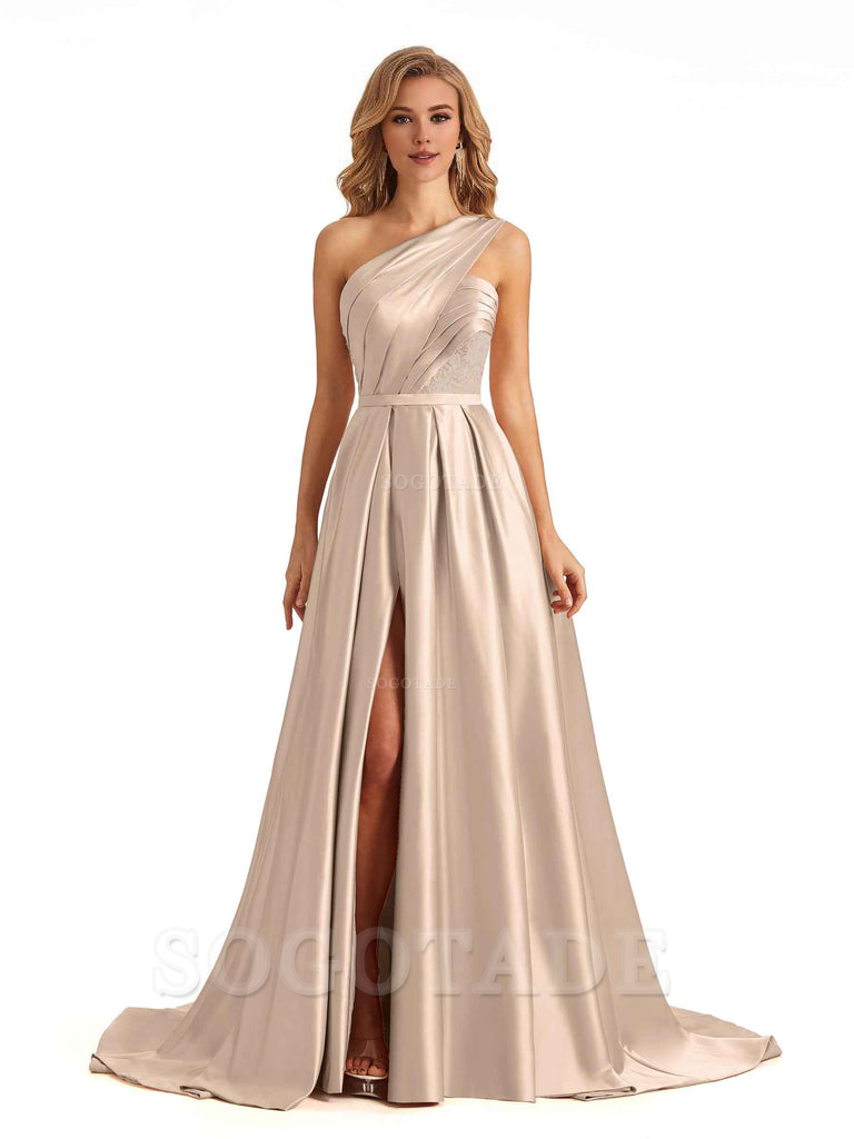 Sexy Side Slit One Shoulder A-Line Soft Satin Long Bridesmaid Dresses Online prom dress in store