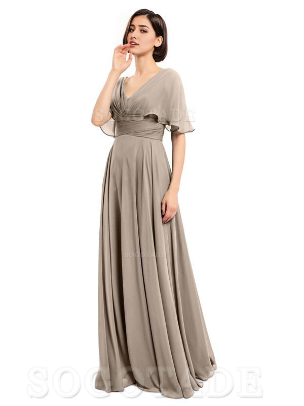  V-Neck Cap Sleeves Sleeves Chiffon Long Elegant Bridesmaid Dresses Formal Wear Dresses