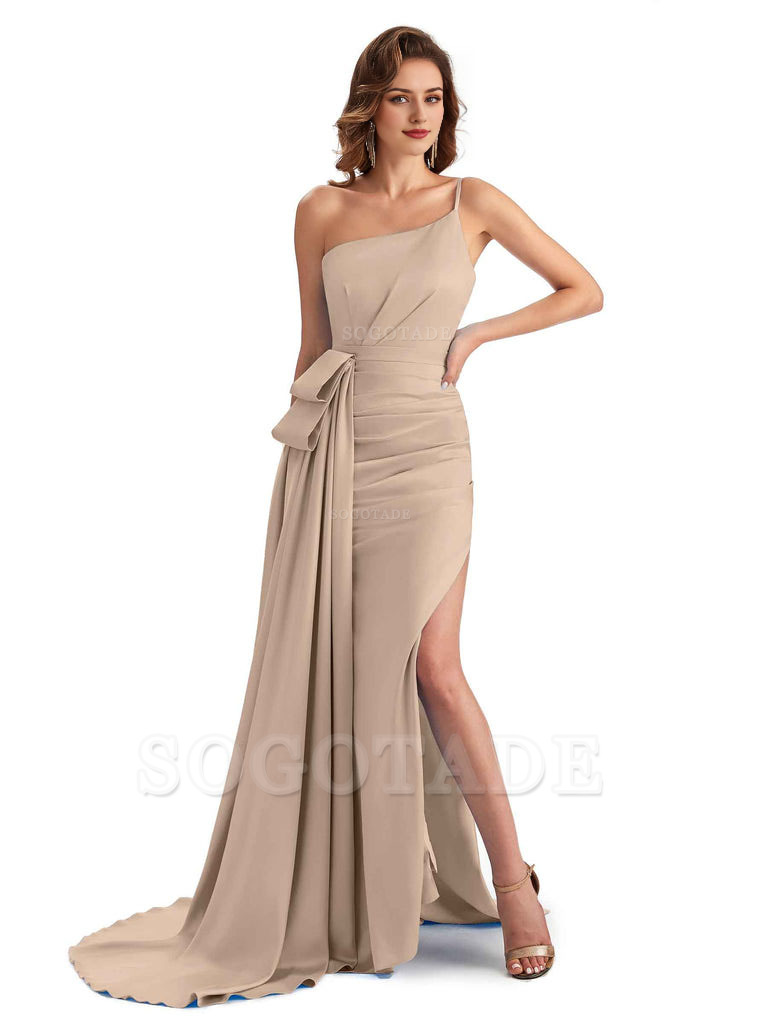 Sexy Side Slit Mermaid Silky Satin One Shoulder Modern Maxi Bridesmaid Dresses