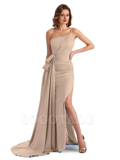 Sexy Side Slit Mermaid Silky Satin One Shoulder Modern Maxi Bridesmaid Dresses