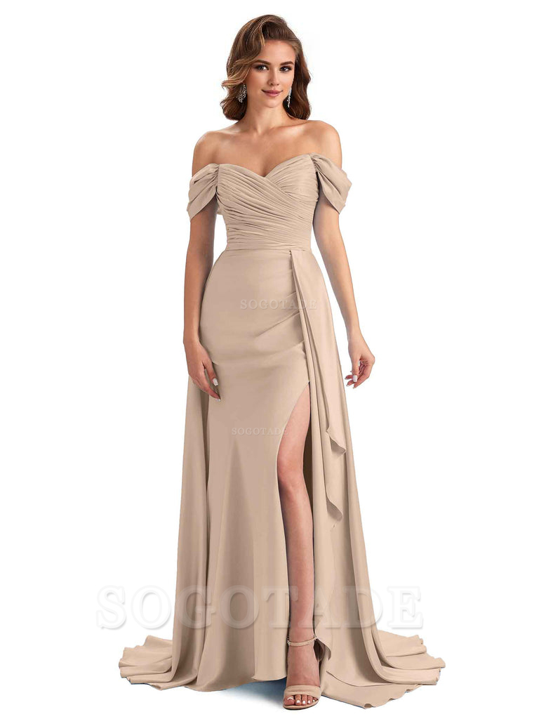 Sexy Side Slit Mermaid Soft Satin Off The Shoulder Long Unique Bridesmaid Dresses prom dress in store