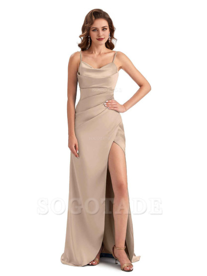Soft Satin Side Slit Spaghetti Straps Sexy Wedding Bridesmaid Dresses