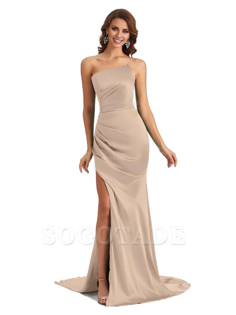 Sexy Silky Satin Side Slit One Shoulder Unique Long Wedding Guest Maxi Dresses