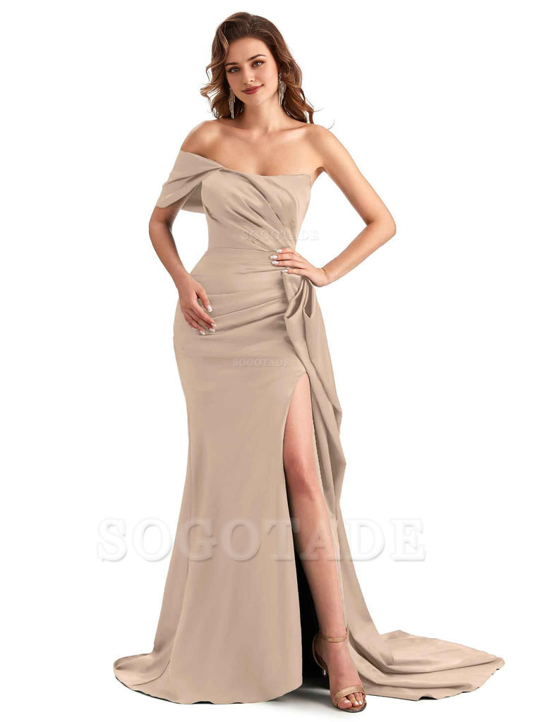 Sexy Side Slit Mermaid Silky Satin One Shoulder Chic Long Maid Of Honor Dresses